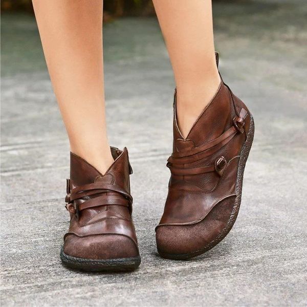 

boots ankle women retro soft pu leather flats shoes casual buckle zipper round toe short mujer zapatos 2021, Black