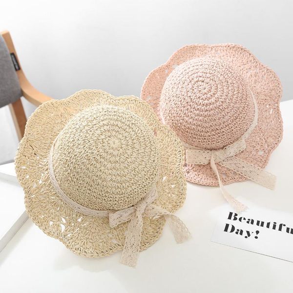 

children's straw hats leisure ribbon bow hat outdoors anti-uv for girls summer beach cap panama baby caps 48-52cm wide brim, Blue;gray