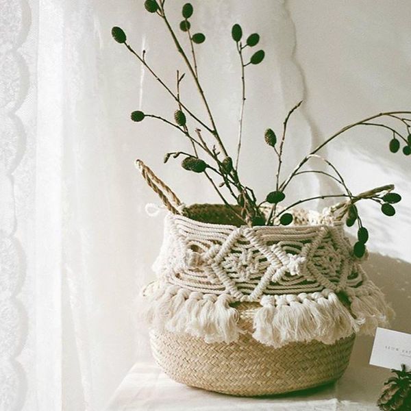 

storage baskets macrame tassel wicker basket handmade boho decor garden flower pot study room rattan plant