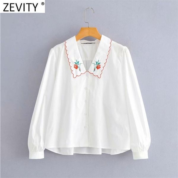 

women sweet floral embroidery casual breasted shirt prairie chic puff sleeve female blouse roupas chemise ls9289 210420, White