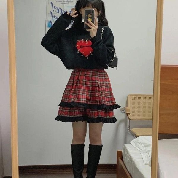 

skirts punk style harajuku skirt summer women lace red plaid cute dark sweet mini streetwear korean high waist vintage, Black