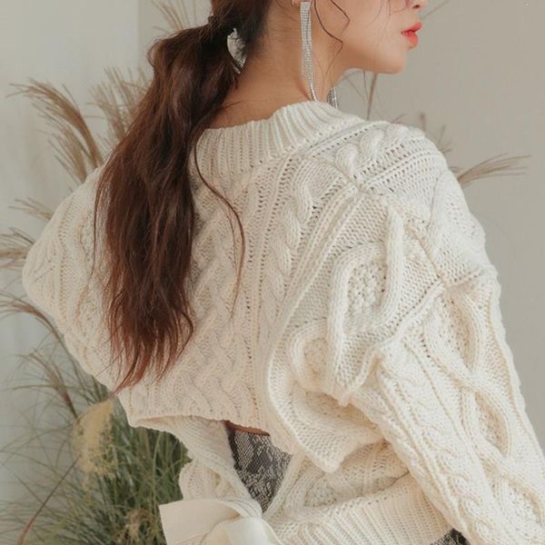 

women's sweaters lace up sweater pullover women backless twist knitted long sleeve korea jumper, White;black