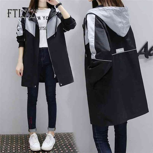

women grey trench coat spring autumn loose casual hooded long coats ladies vintage streetwear patchwork windbreaker 210914, Tan;black