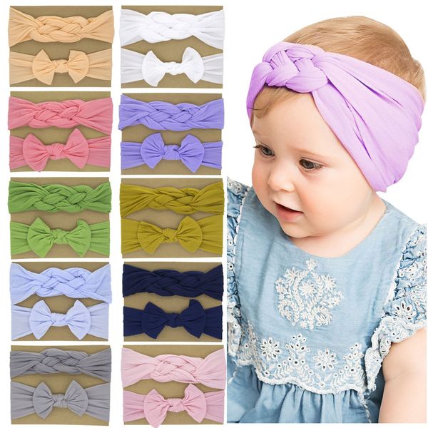 Baby Stirnbänder Nylon Bogen Haarschmuck Kinder Mädchen Twist Braid Wide Head Wrap Kinder Elastische Bowknot Stirnband 2 stücke Set Solide Farbe Kha156