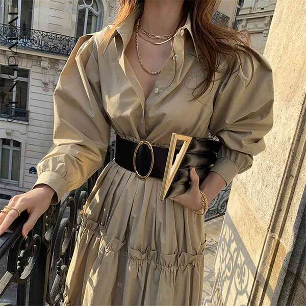 

ear edge stitching loose large swing dress women's spring lapel single breasted with belt shirt dresses 5a12 210427, Black;gray