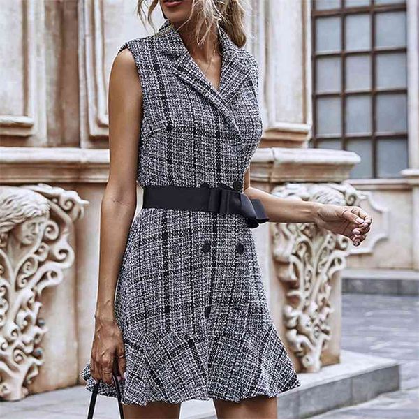 

autumn lapel waist with belt ruffled off shoulder short dress office lady plaid dress elegant for women mini vestidos 210508, Black;gray