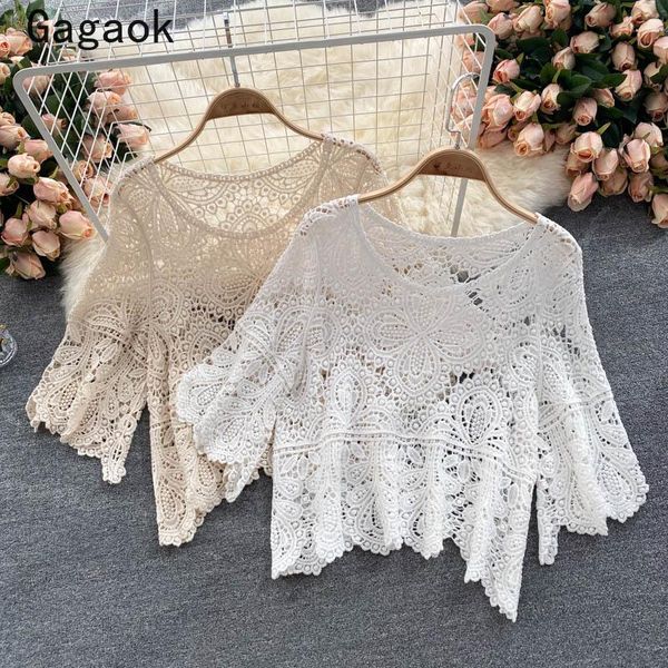 

women's blouses & shirts gagaok lace blouse women 2021 sumemr o-neck hollow out solid beach style vintage loose casual fashion chic, White