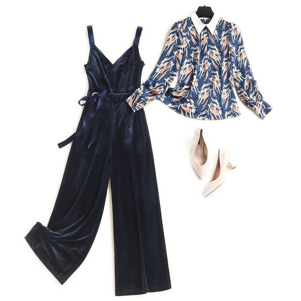

pant elegant office lady fall two female print shirt and velvet pants suit sets, White