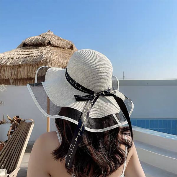 

summer beach straw hat children korean version tide seaside big brim sunscreen sun vacation cool, Blue;gray