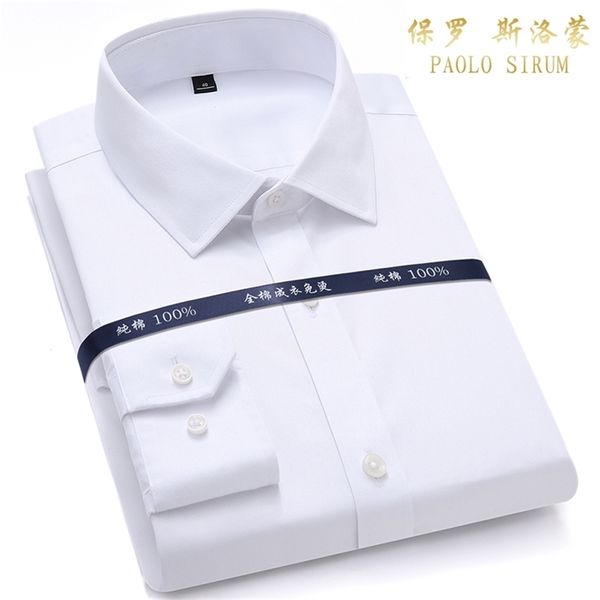Высочайшее качество мужские формальные платья рубашки с длинным рукавом белый чистый хлопчатобумажный бизнес Slim Fit Plus Размер офиса не железо 210705