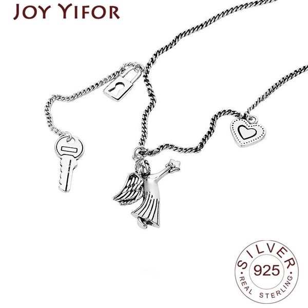 

chains 925 sterling silver necklace for women ladies elegant chain angel key heart fashion words jewelry round