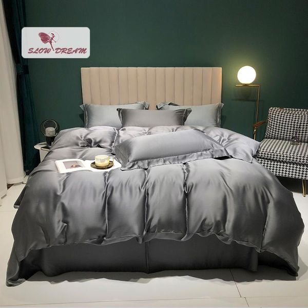 

bedding sets slowdream luxury dark gray 100% silk set healthy beauty duvet cover pillwocase  king flat sheet home textile