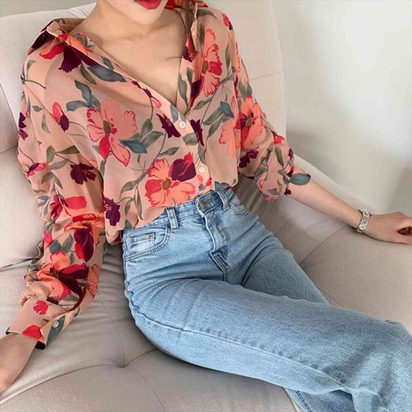 

spring casual vintage print full women blouses sleeve chiffon loose thin turn down collar straight blouse, White