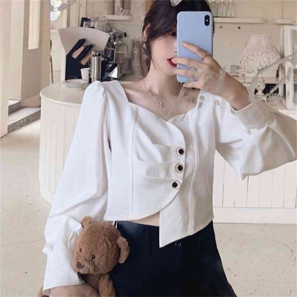 

women shirts korean ol puff sleeve retro elegant white square collar chic blusas mujer fashion 210519