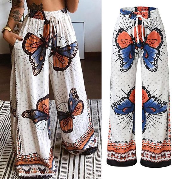 

women's pants & capris bohemian women thai indonesian style butterfly printed summer loose drawstring high waist trousers baggy wide le, Black;white