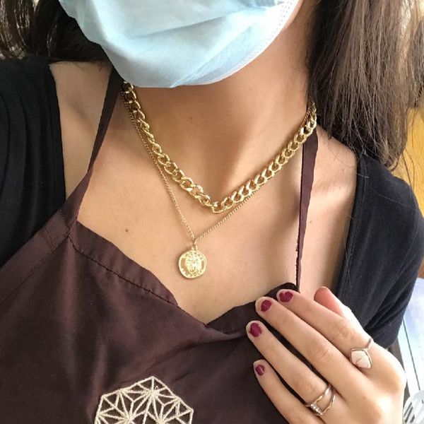 

pendant necklaces trendy vintage multi-layer coin chain choker necklace for women gold silver color portrait chunky jewelry