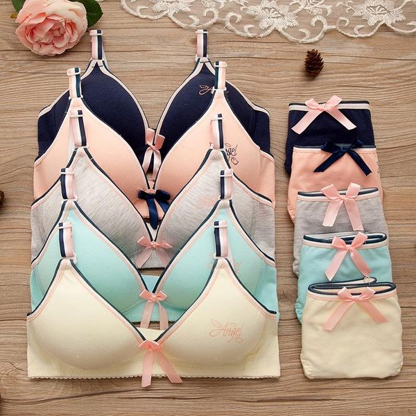 

bras sets [alfou] brand cotton bra set women underwear bow push up girl panties no steel support thin lingerie, Red;black