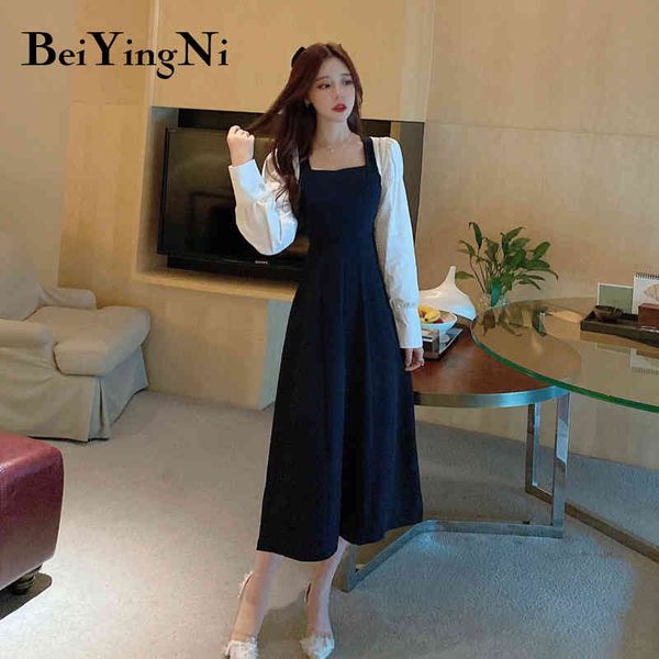 

split slim womens dress patchwork square collar long sleeve dresses elegant sweet korean classic simple party vestidos 210427, Black;gray