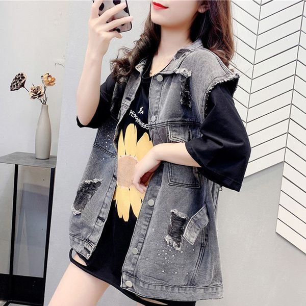 

oversize ripped women denim long vest turndown collar belt loose female vests autumn fashion streetwear ladies clothes 210518, Black;white