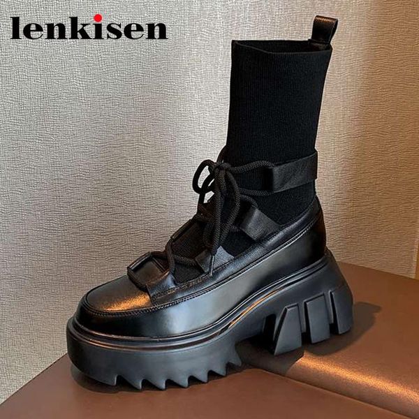 

boots lenkisen genuine leather round toe thick bottom winter shoes stretch young lady streetwear fashion basic ankle l88, Black