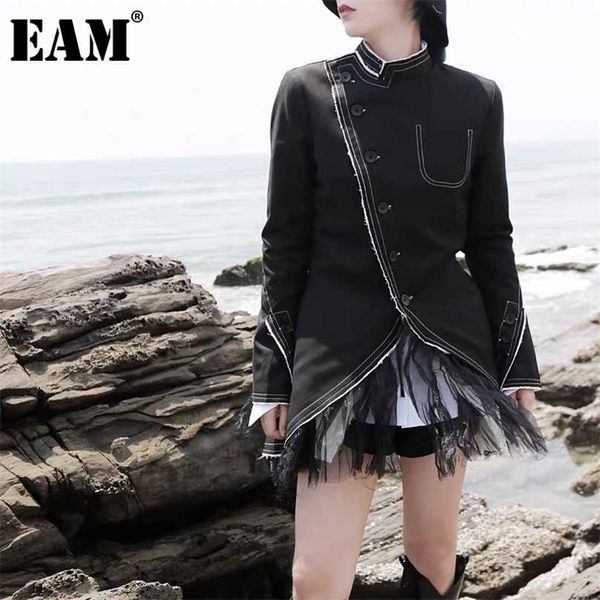 

[eam] women black irregular mesh spliced blazer stand collar long sleeve loose jacket fashion spring autumn 1dc901 211006, White;black