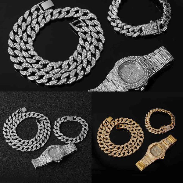 Мужские ювелирные изделия, набор из трех частей, ожерелье, часы и браслет, хип-хоп, Майами Эдж, кубинская цепь, золото All Ice Diamond, CZ Flash Q0809