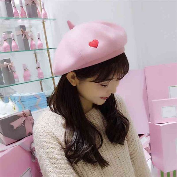 

ht1454 sweet women winter hats with heart solid black pink grey artist painter berets for western style wool beret 210429, Blue;gray