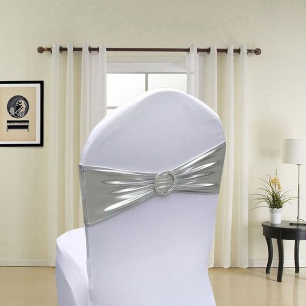 

20pcs/lot wedding party decoration metallic gold/silver stretch chair sash band with round buckle el banquet favor sashes