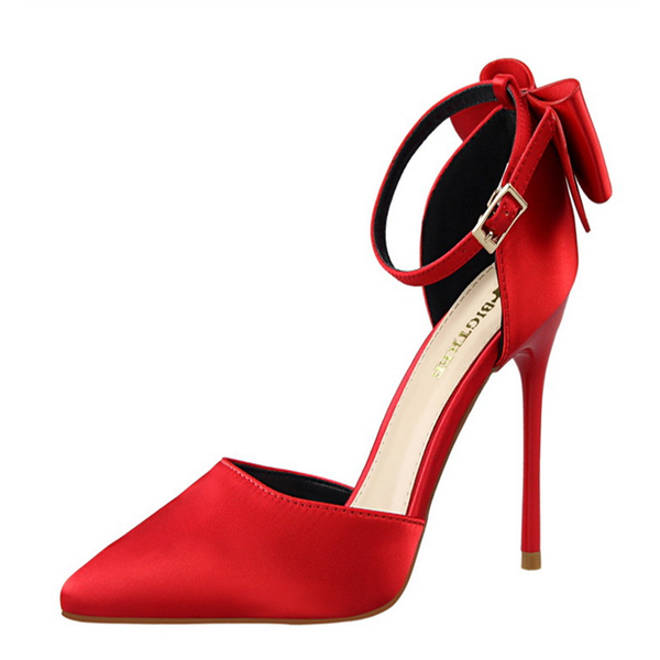 

shoes bow woman pumps silk high heels women stiletto red wedding sandals 10cm dress, Black