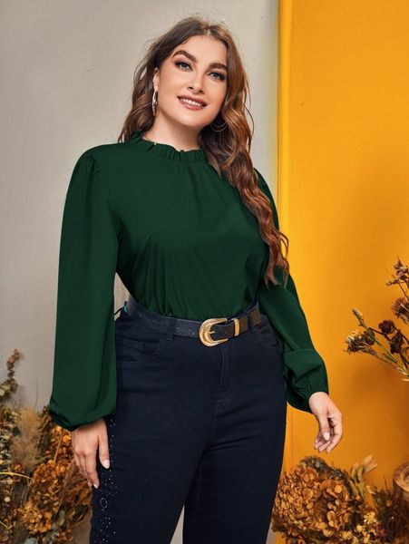 

plus frill trim bishop sleeve blouse p18u#, Black