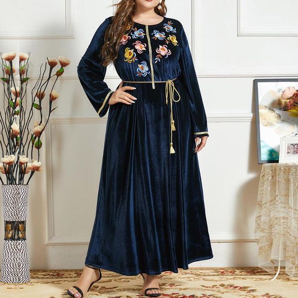 

casual dresses muslim dress women plus size velvet blue flower embroidery 4xl fashion belt golden long sleeve vestidos 2021, Black;gray