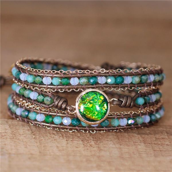 

charm bracelets multilayers 3 strands bling green crystal teengirls opal beads leather wrap bracelet bohemian jewelry bijoux drop, Golden;silver