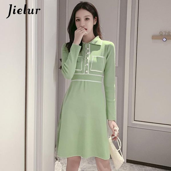 

knitted dress french turn-down collar elegant female autumn winter long sleeve black green dresses s-xl casual, Black;gray