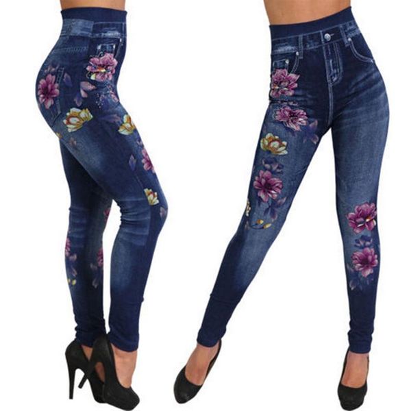 

women's leggings laamei autumn women thermal legging ladies faux denim seamless pants floral print full plus size streetwear, Black