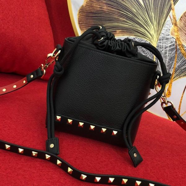 

classic drawstring bucket bag lady rivet cowhide crossbody bags sheepskin leather shoulder handbag high capacity purse
