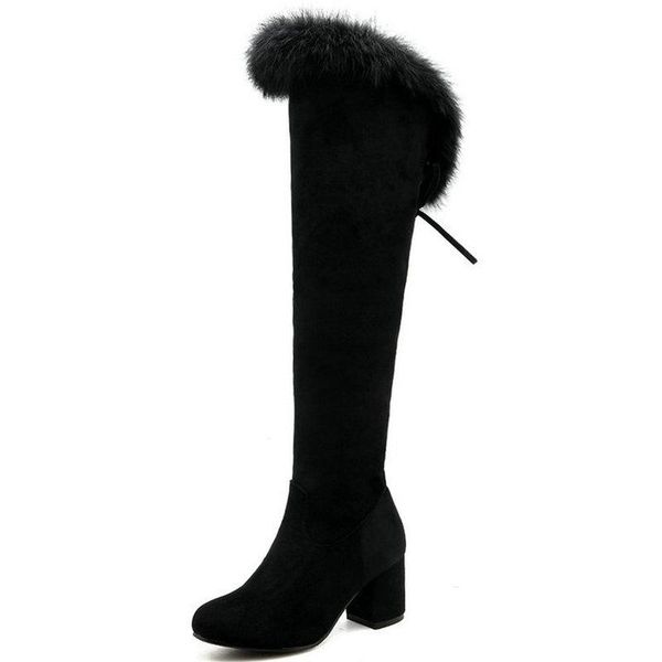 

boots women winter snow fashion all match elastic fabric knee high square mid heel size 34-43, Black