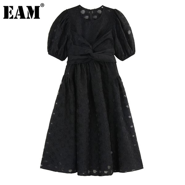 

[eam] women black lace pleated hollow out dress round neck short sleeve loose fit fashion spring summer 1dd6676 210512, Black;gray