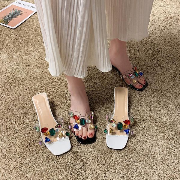 

summer thick mid heels ladies shoes clear transparent women woman mules crystal diamond slippers female slides, Black