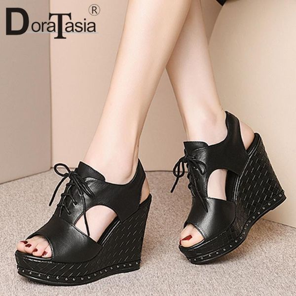 

brand genuine leather ladies wedges high heels sandals party ol women fashion rivet platform shoes woman, Black