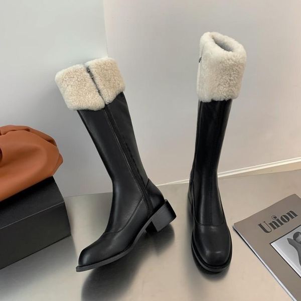 

boots autumn and winter solid color lambswool high shoes for women first layer cowhide genuine leather keep warm, Black