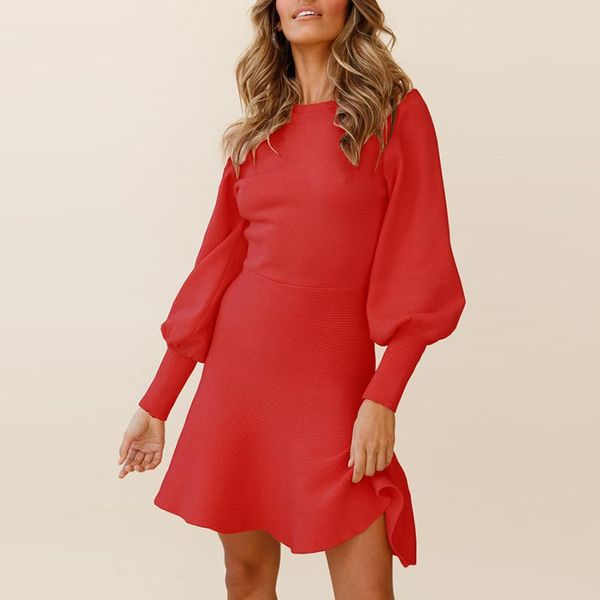 

casual dresses women knitted red sweater dress long sleeve autumn winter o-neck a line short office party 2021, Black;gray