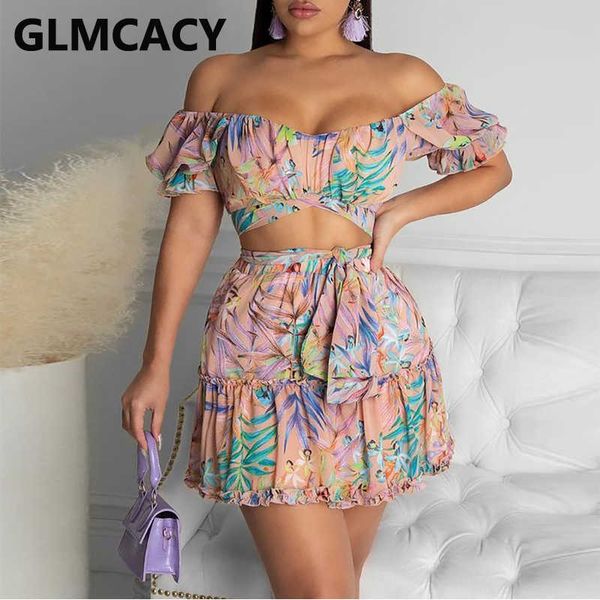 

two piece floral suits off shoulder crop & mini skirt set 210702, White