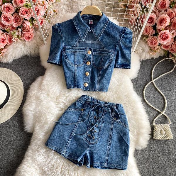 

women sets hollow out high waist cropped denim + bandage wide leg female short pants summer fashion two-piece women's tracksuits, Gray