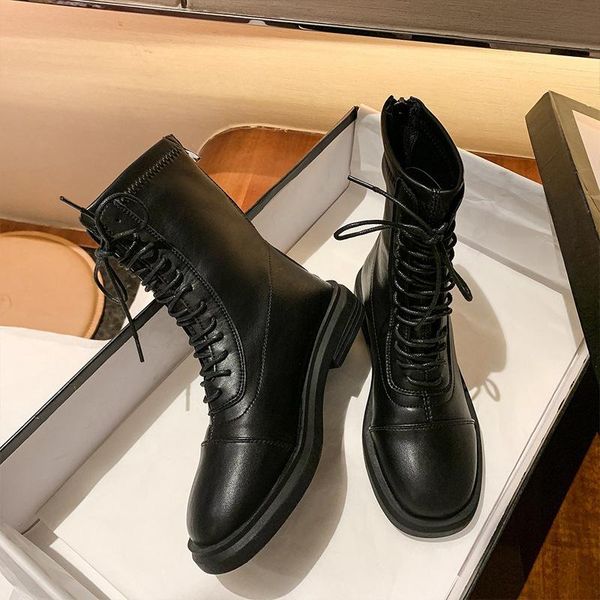 

boots lady shoes round toe lace up flat heel luxury designer boots-women ankle fashion med rock autumn 2021 rubber microfiber ba, Black