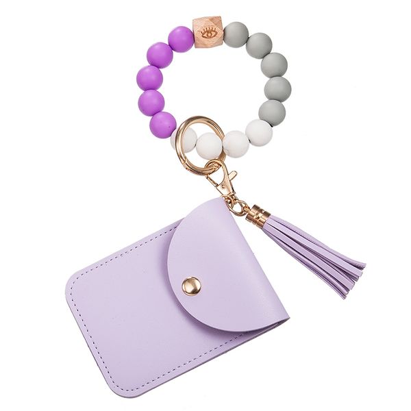 

silicone bracelet wooden bead case key ring card holder keychain tassel pendant car bag accessories keyrings, Silver
