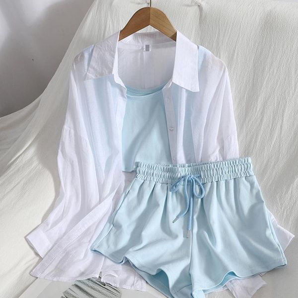 

women's tracksuits summer back split sunscreen shirt cardigan overcoat with solid color vest lace up casual shorts three-piece suit tre, Gray