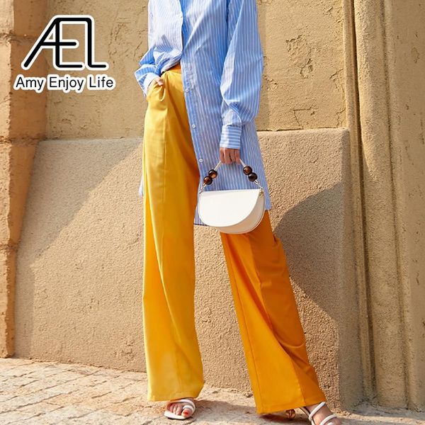 

women's pants & capris ael woman straight summer loose orange-yellow causal wide-leg long ladies streetwear, Black;white