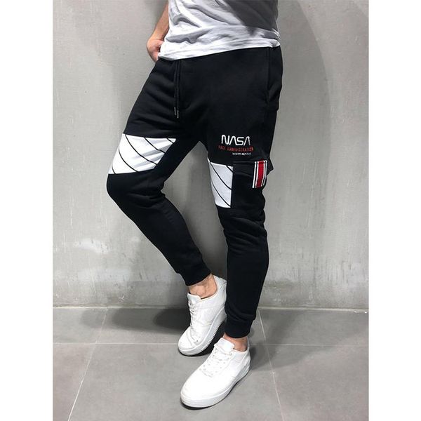 

pants trousers muscle brothers fitness men's running stitching slim casual sports, Black