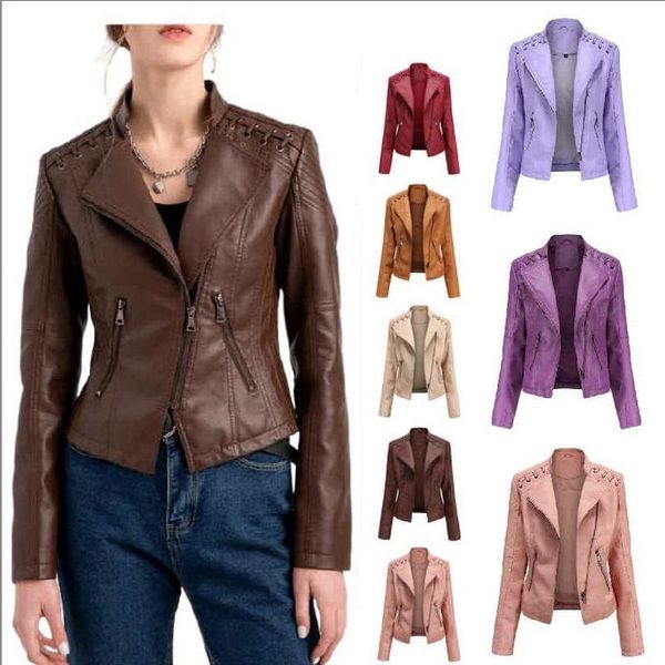 

women's leather & faux design pu jacket women coat female stand collar short outwear motorcycle jackets 9 colors, Black