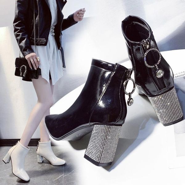 

square toe short boots woman 2021 fall/winter shoes women high heeled rhinestone chunky heel female booties large size, Black